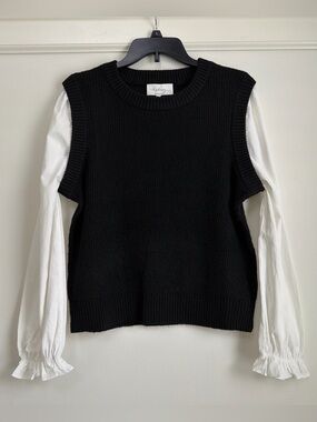 in february Black White Sweater Vest Twofer Attached Poplin Sleeves L
